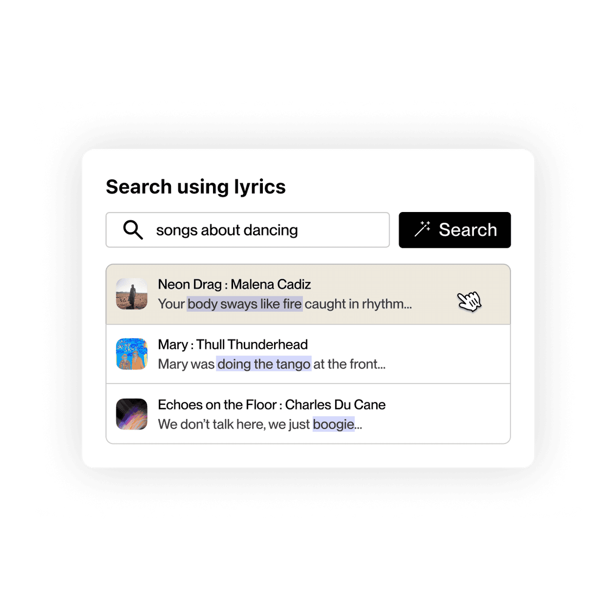 DISCO natural language search, showing the ability to search using lyric themes