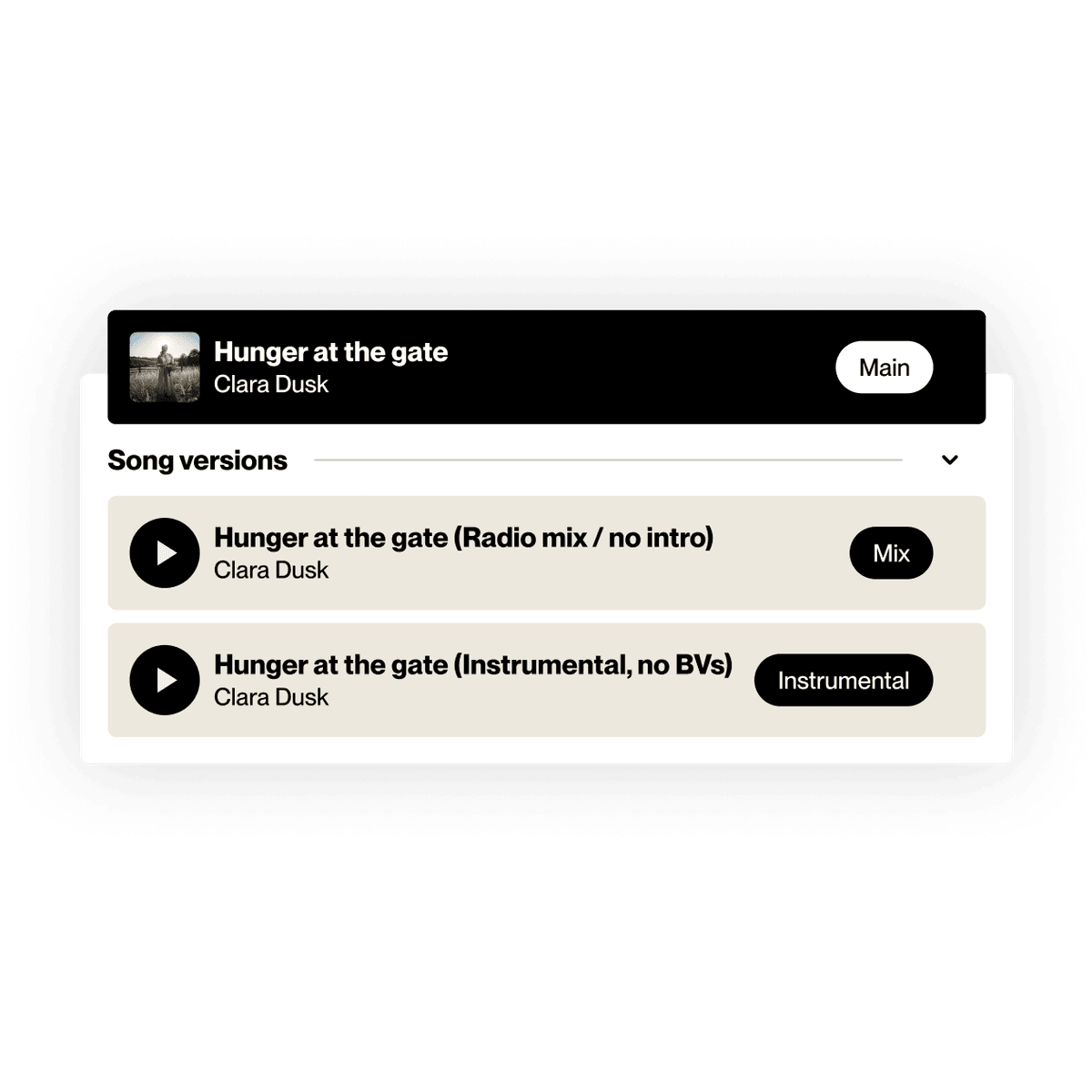 DISCO nested track UI, showing the ability to nest versions of a track under the canonical parent track
