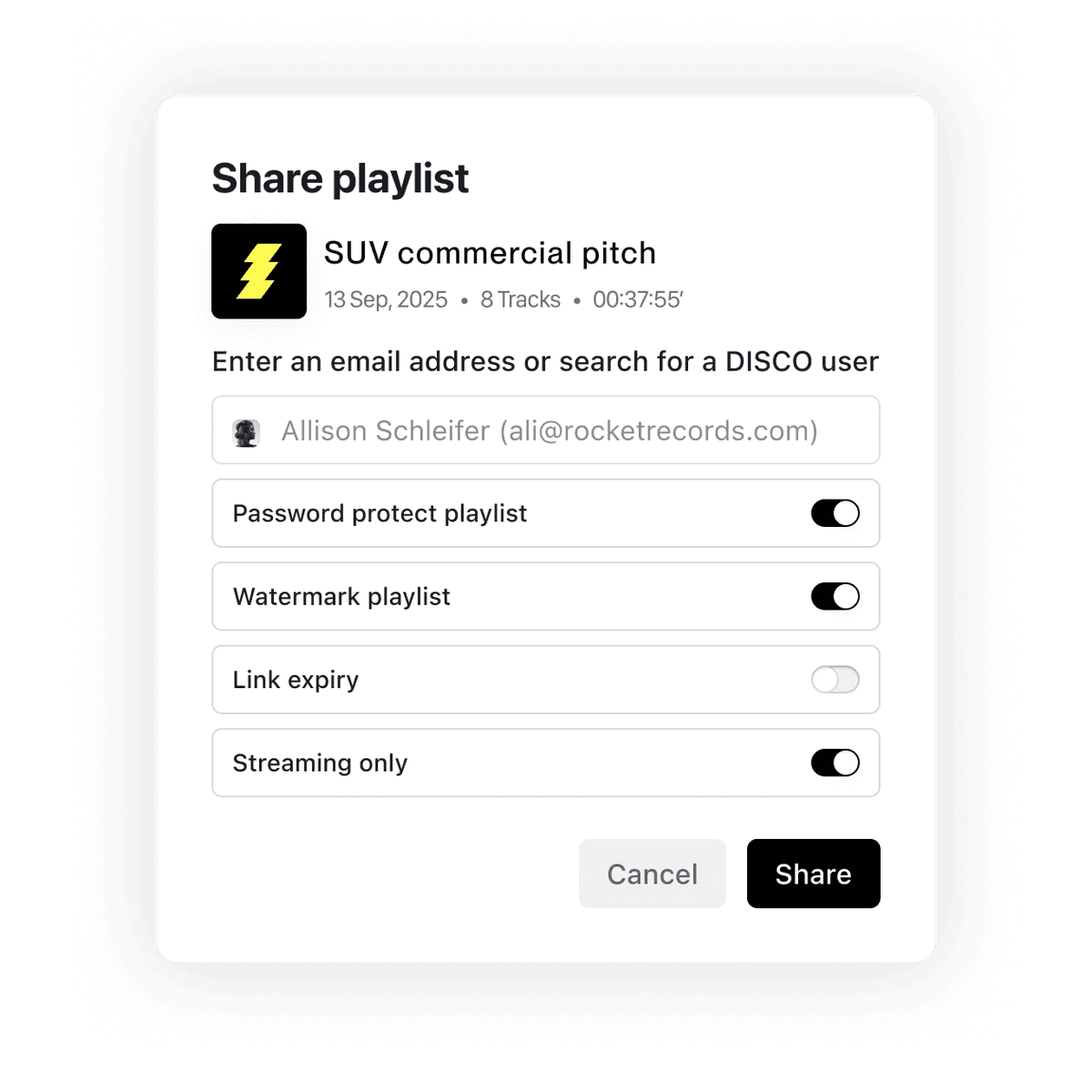 DISCO sharing UI, showing the ability to secure a playlist using password protection, watermarking, and link expiry