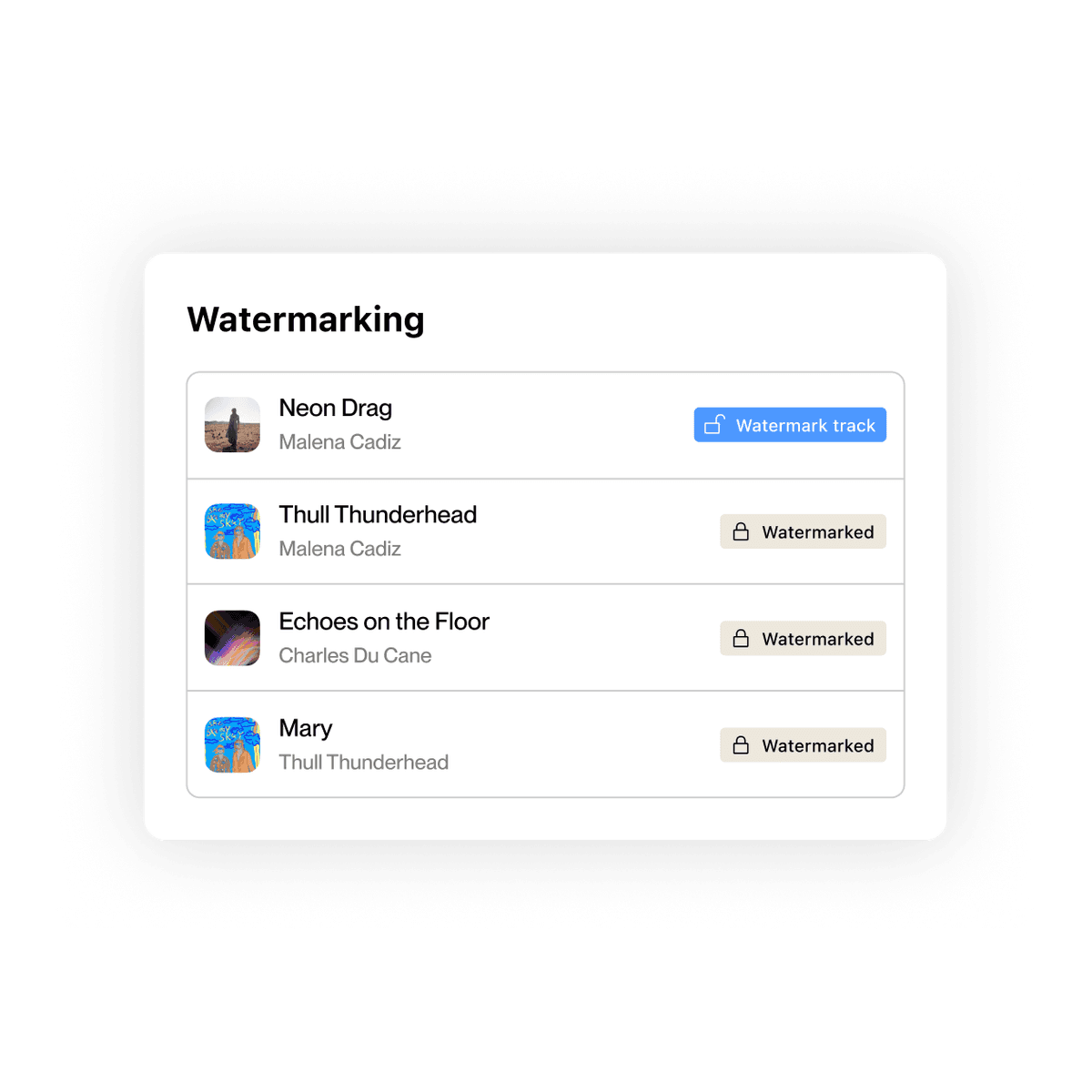 DISCO watermarking UI, showing the ability to watermark individual tracks