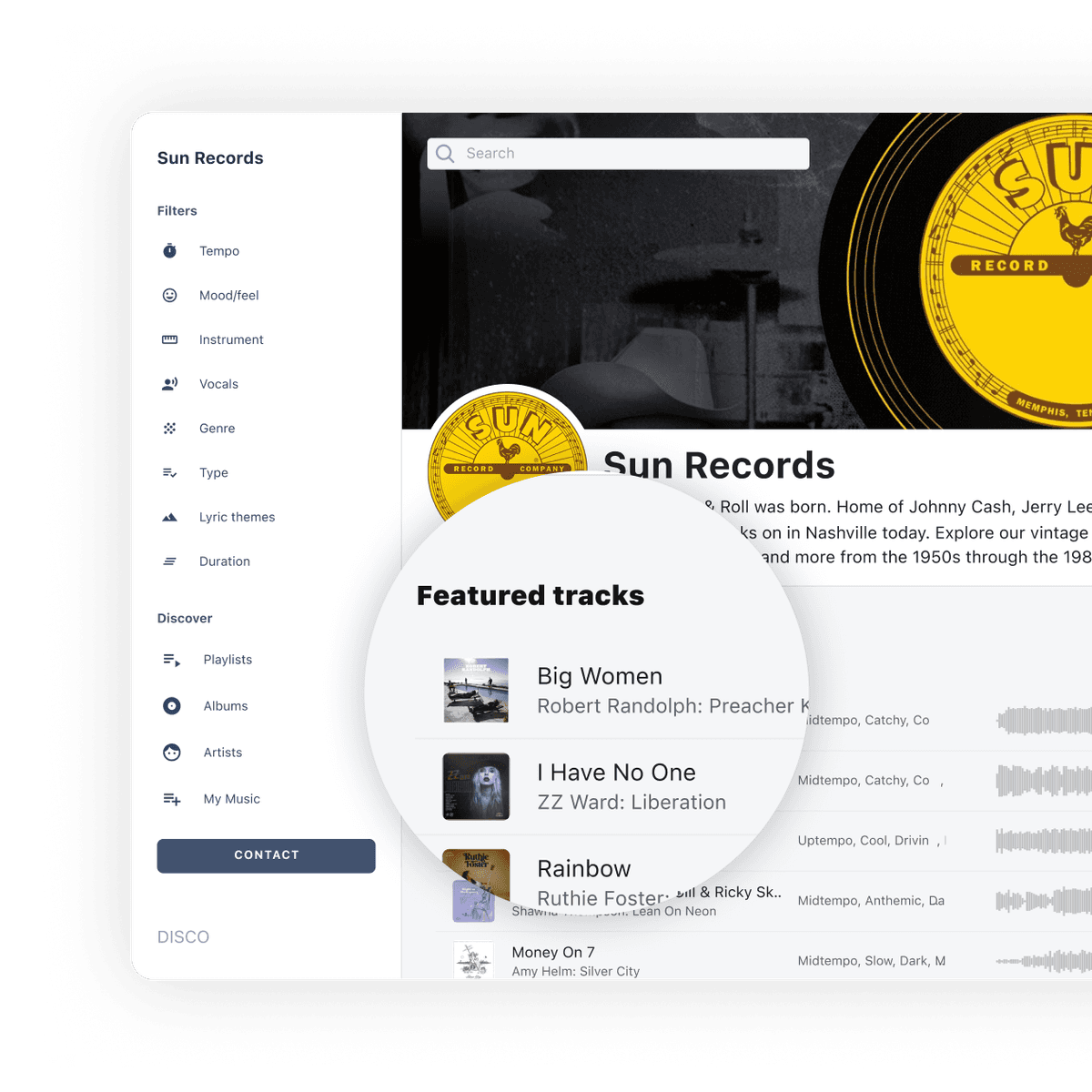 Screenshot of a DISCO catalog, showing the ability for customers to share their music with end users