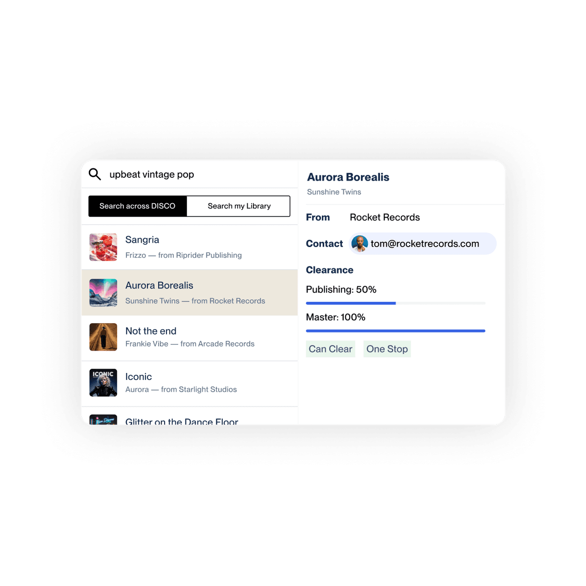 DISCO search interface, showing a genre search and a set of results, with a selected track showing additional metadata