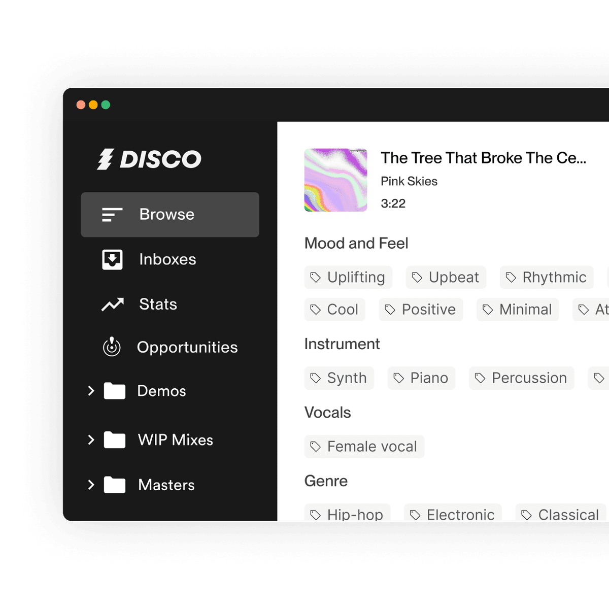 An image of DISCO, showing the full range of artist capabilities related to collaboration, opportunities and track management