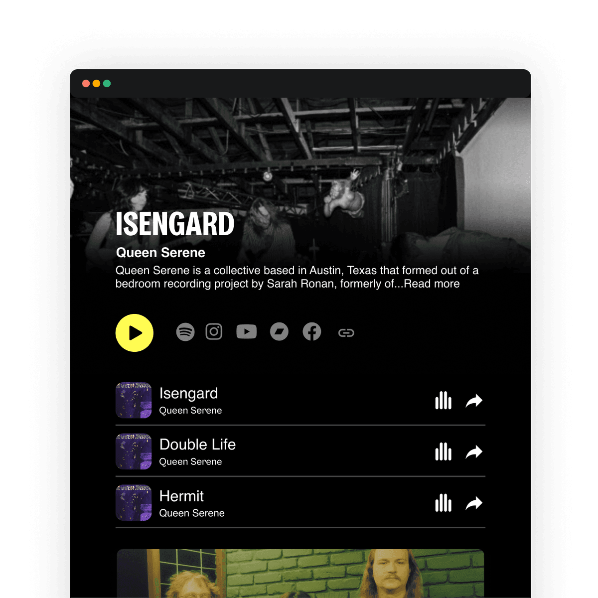 A DISCO artist page, showing the ability to present an artist and their music professionally
