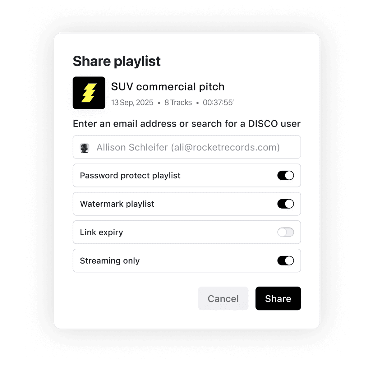 A DISCO screenshot showing the ability to share tracks professionally and securely